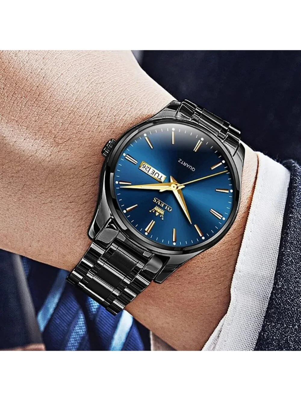 Men's Black Blue Analog Quartz Stainless Steel Luxury Luminous Waterproof Watch